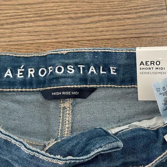 AERO High Rise Stretchy Midi Denim Shorts - Frayed Hem - Medium Denim Blue - Picture 8 of 11